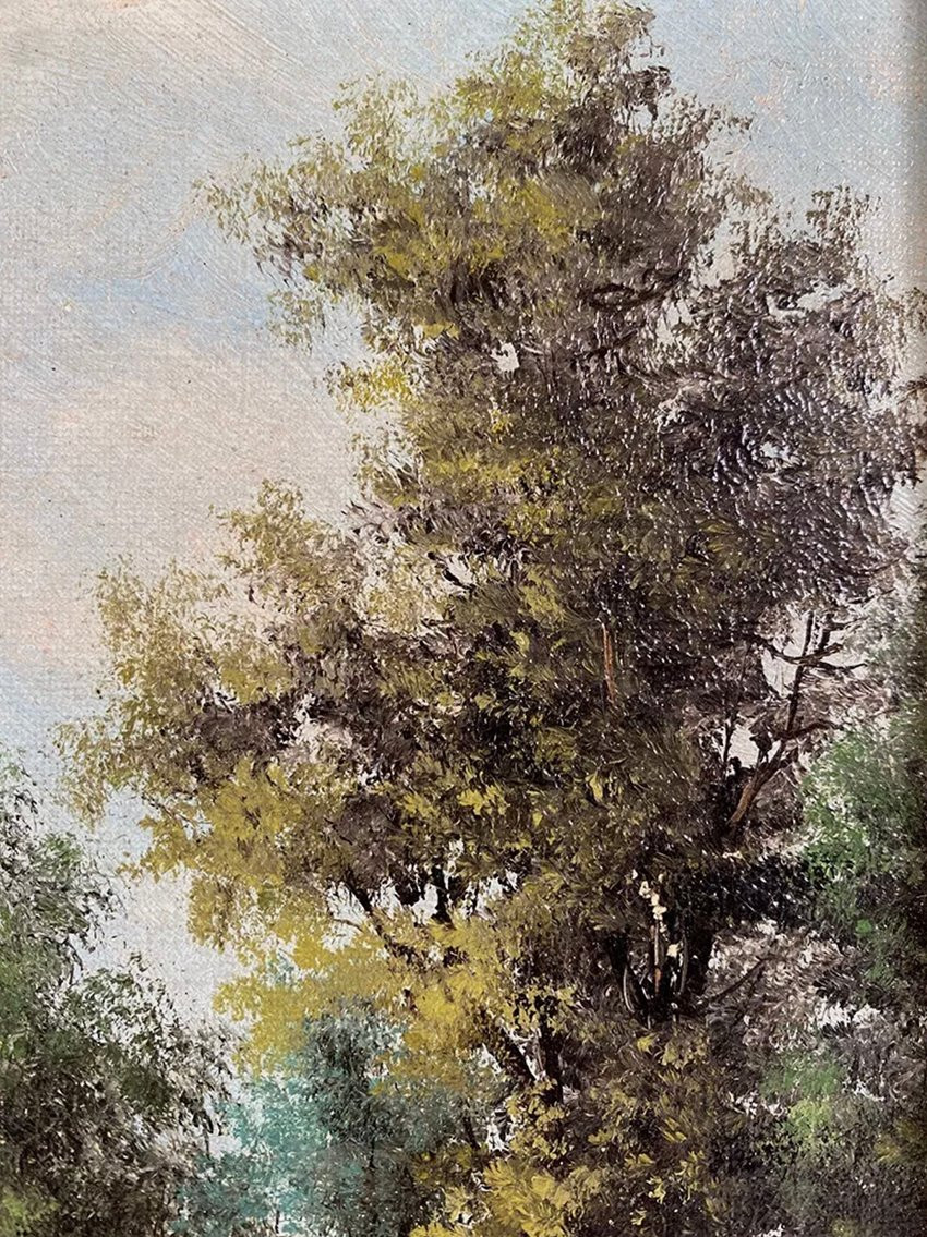 Alain Bonnaud (XXe), petite huile sur toile. « Femme sur un chemin en forêt »-photo-4