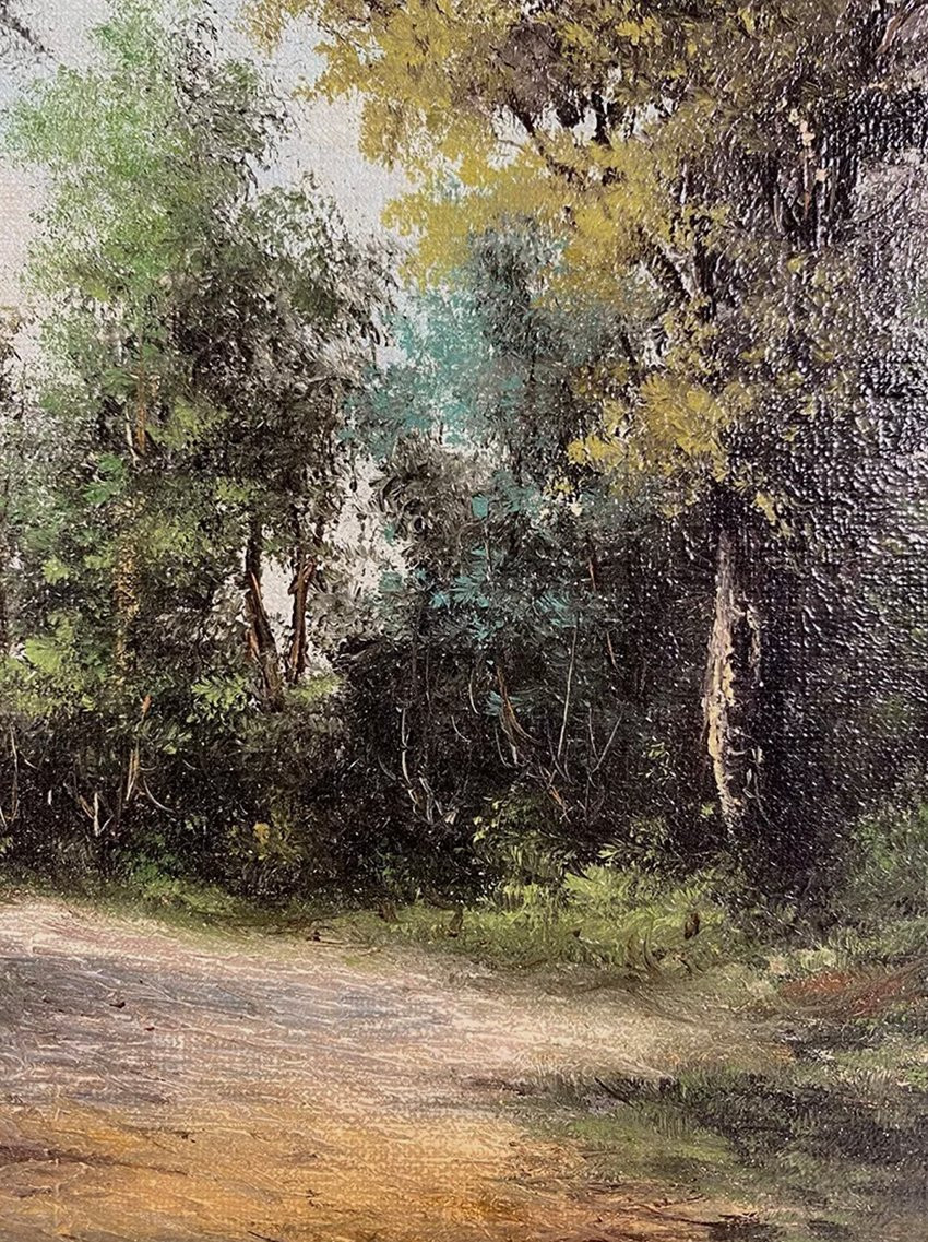 Alain Bonnaud (XXe), petite huile sur toile. « Femme sur un chemin en forêt »-photo-1