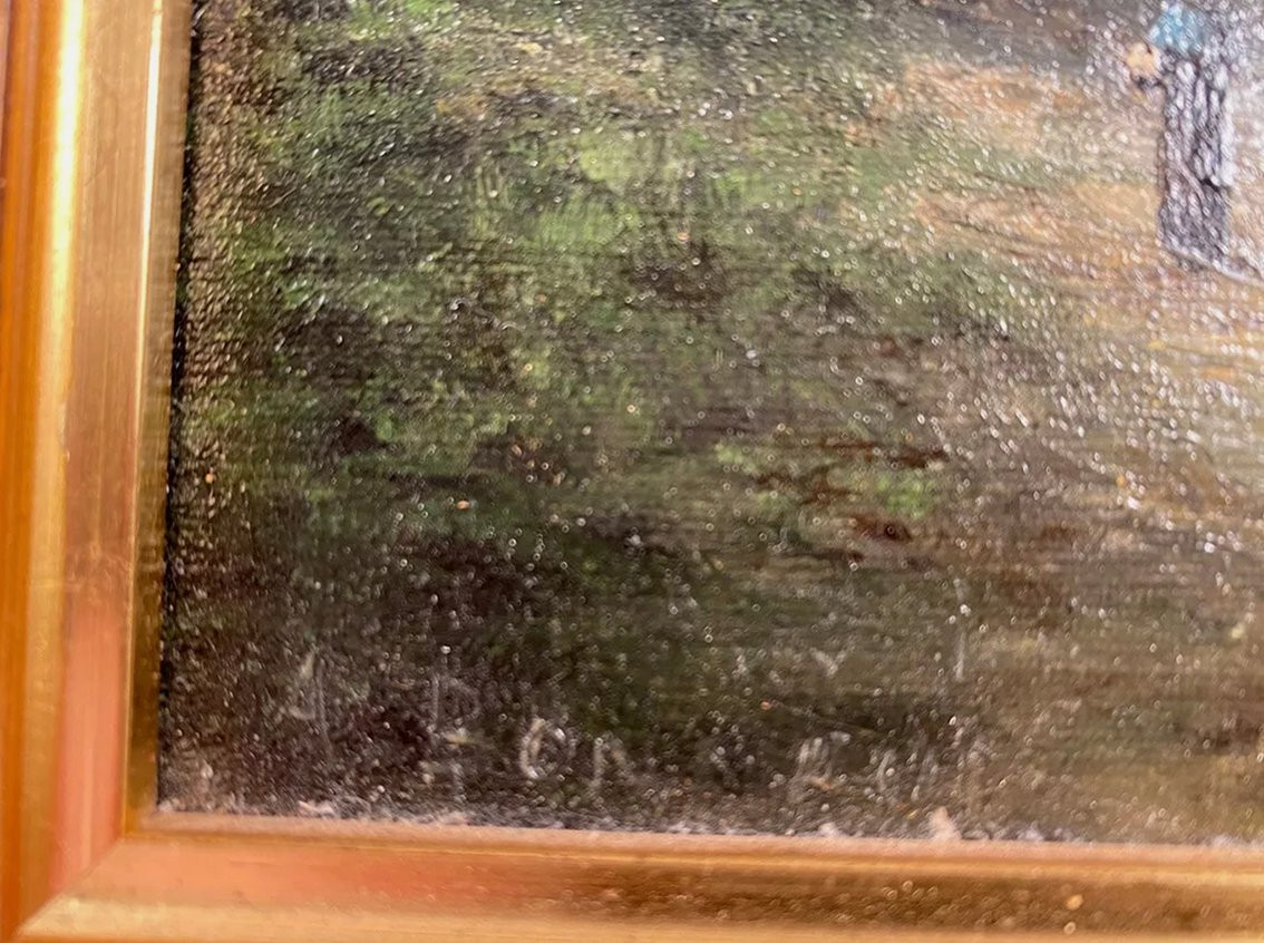 Alain Bonnaud (XXe), petite huile sur toile. « Femme sur un chemin en forêt »-photo-2