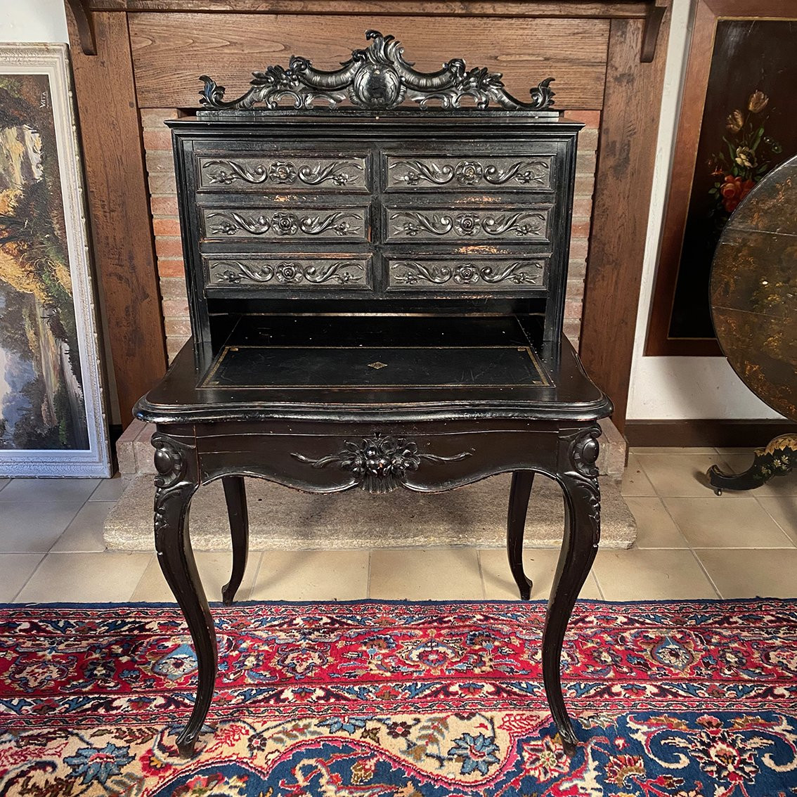 Bureau bonheur du jour Napoléon III en bois sculpté et noirci XIXe-photo-2