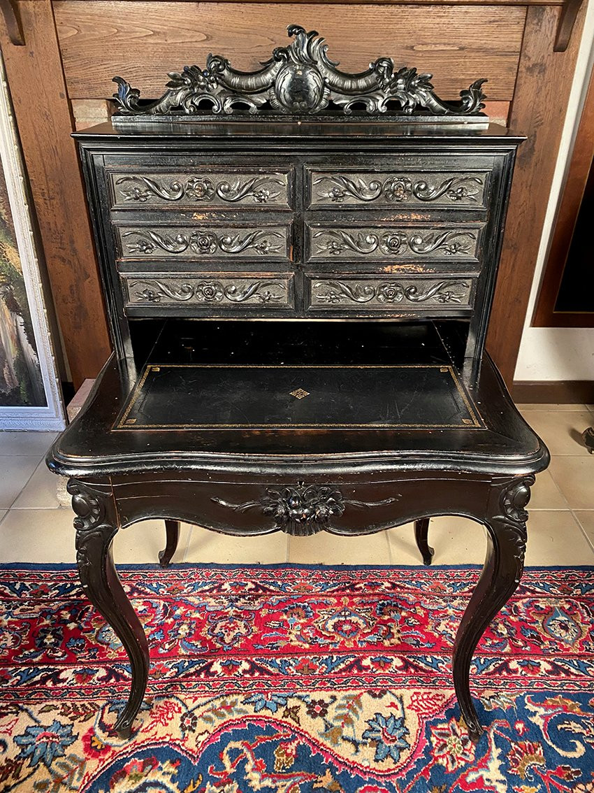 Bureau bonheur du jour Napoléon III en bois sculpté et noirci XIXe-photo-3