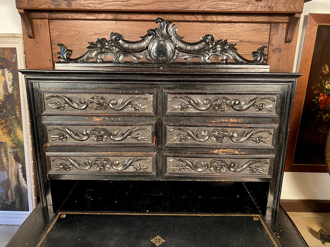 Bureau bonheur du jour Napoléon III en bois sculpté et noirci XIXe-photo-4