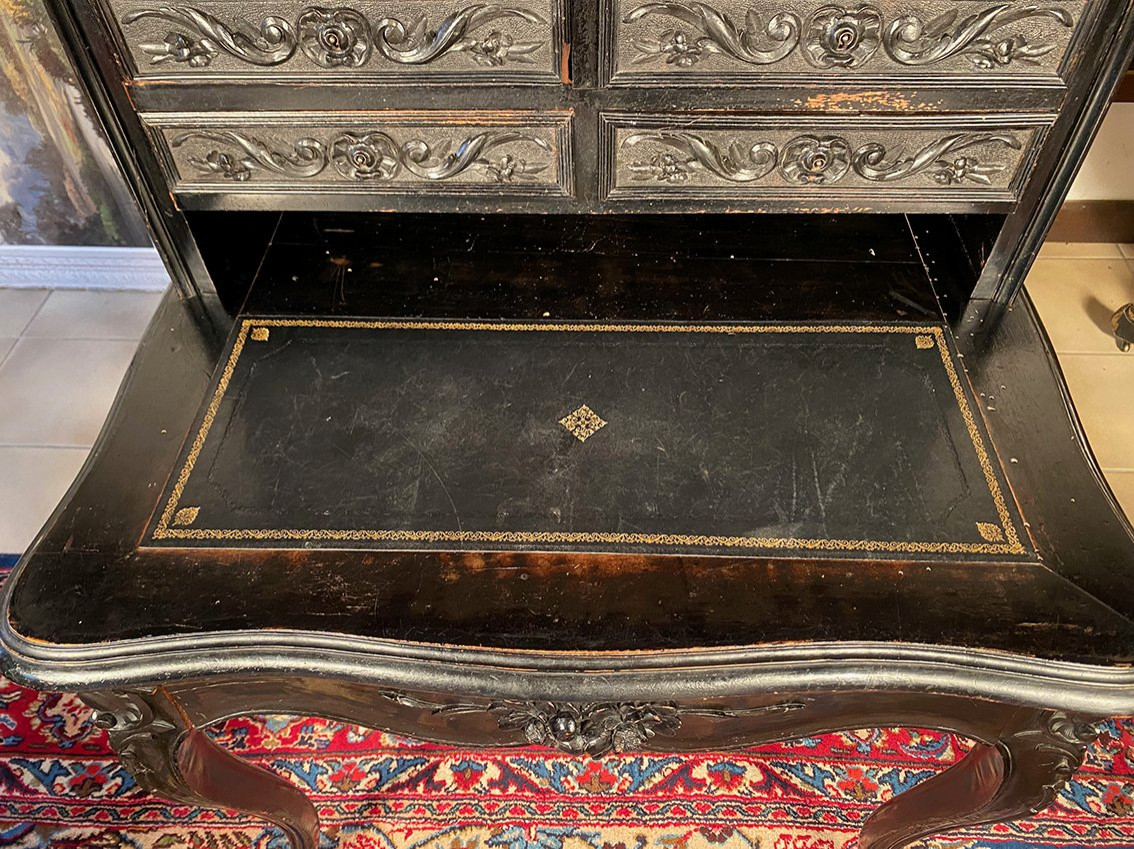 Bureau bonheur du jour Napoléon III en bois sculpté et noirci XIXe-photo-1