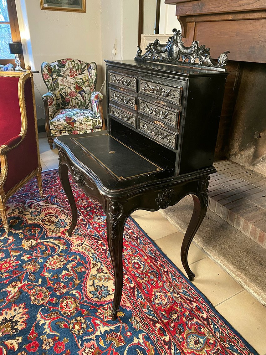 Bureau bonheur du jour Napoléon III en bois sculpté et noirci XIXe-photo-2