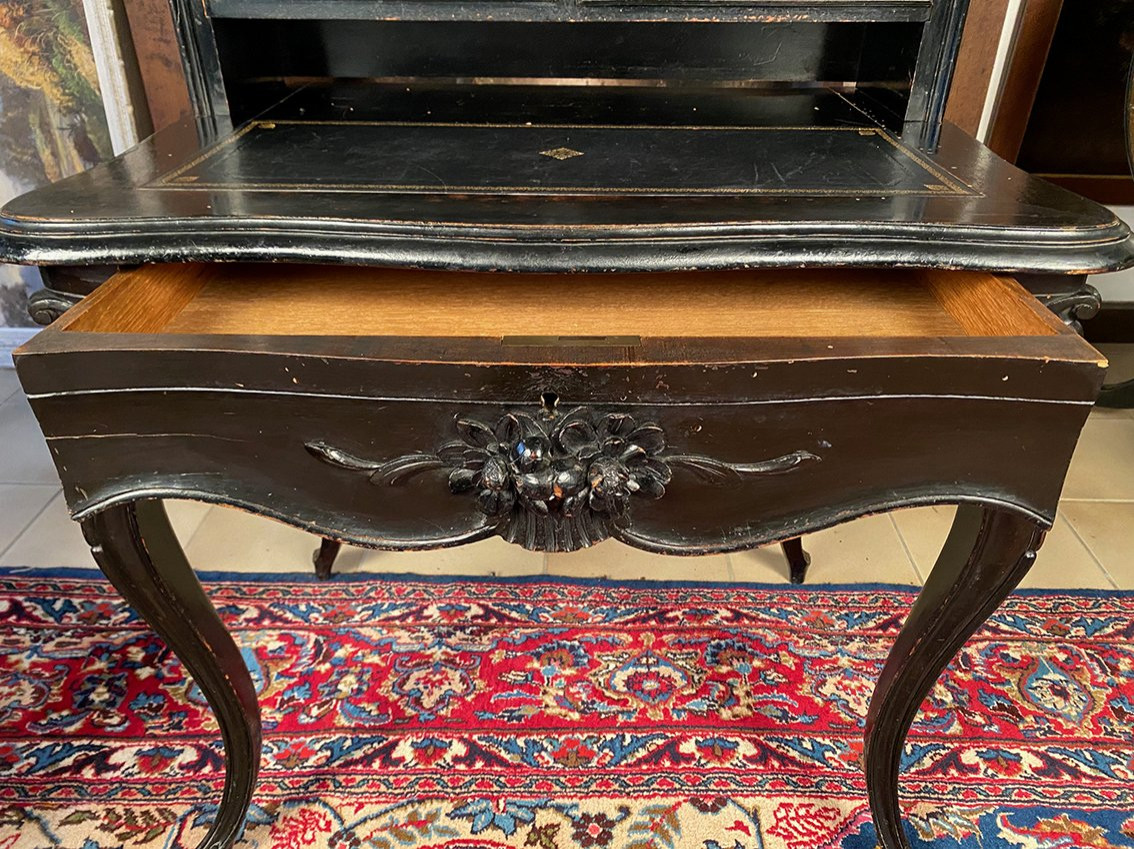 Bureau bonheur du jour Napoléon III en bois sculpté et noirci XIXe-photo-4