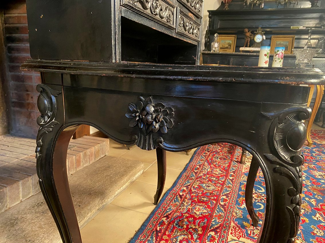 Bureau bonheur du jour Napoléon III en bois sculpté et noirci XIXe-photo-5