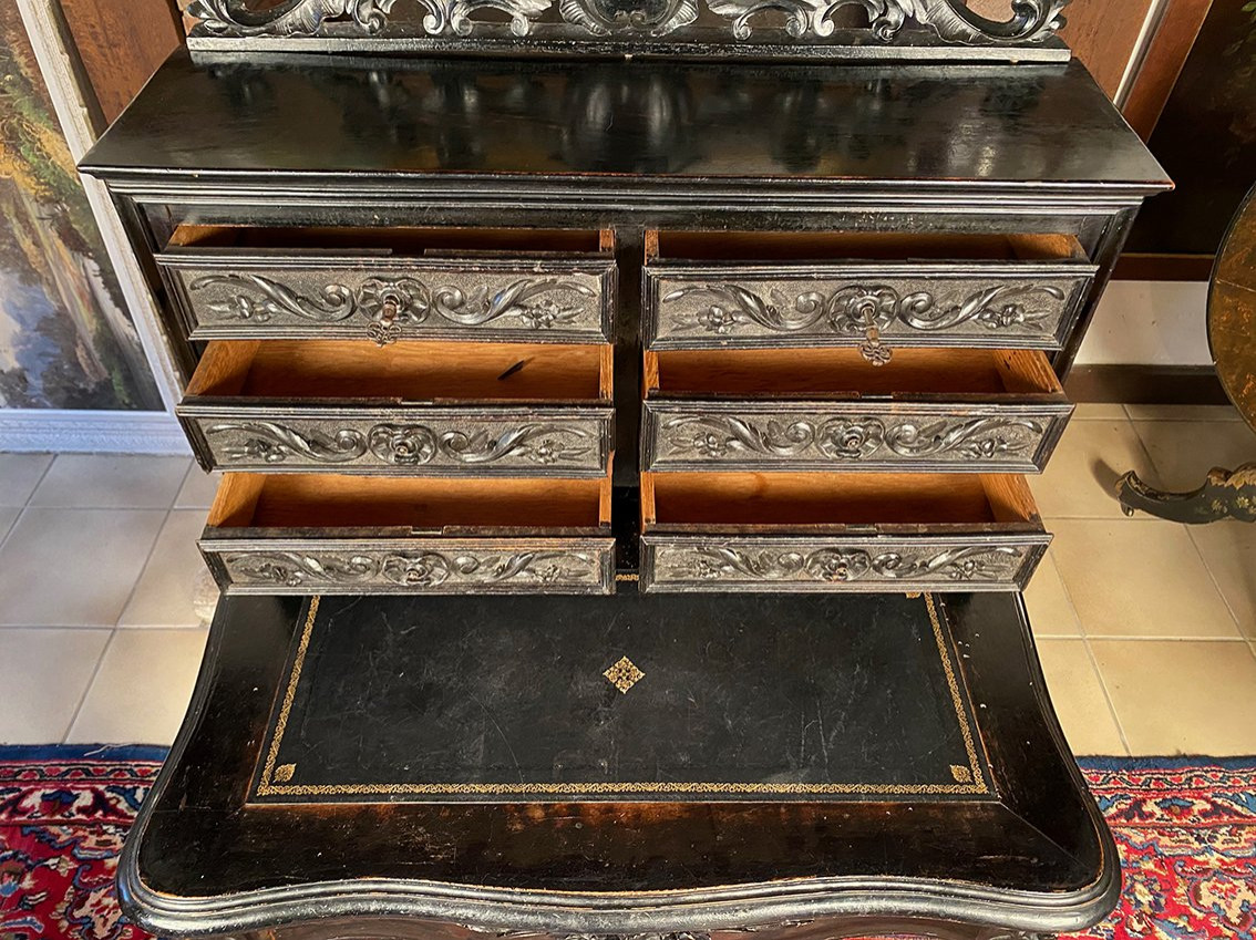 Bureau bonheur du jour Napoléon III en bois sculpté et noirci XIXe-photo-6