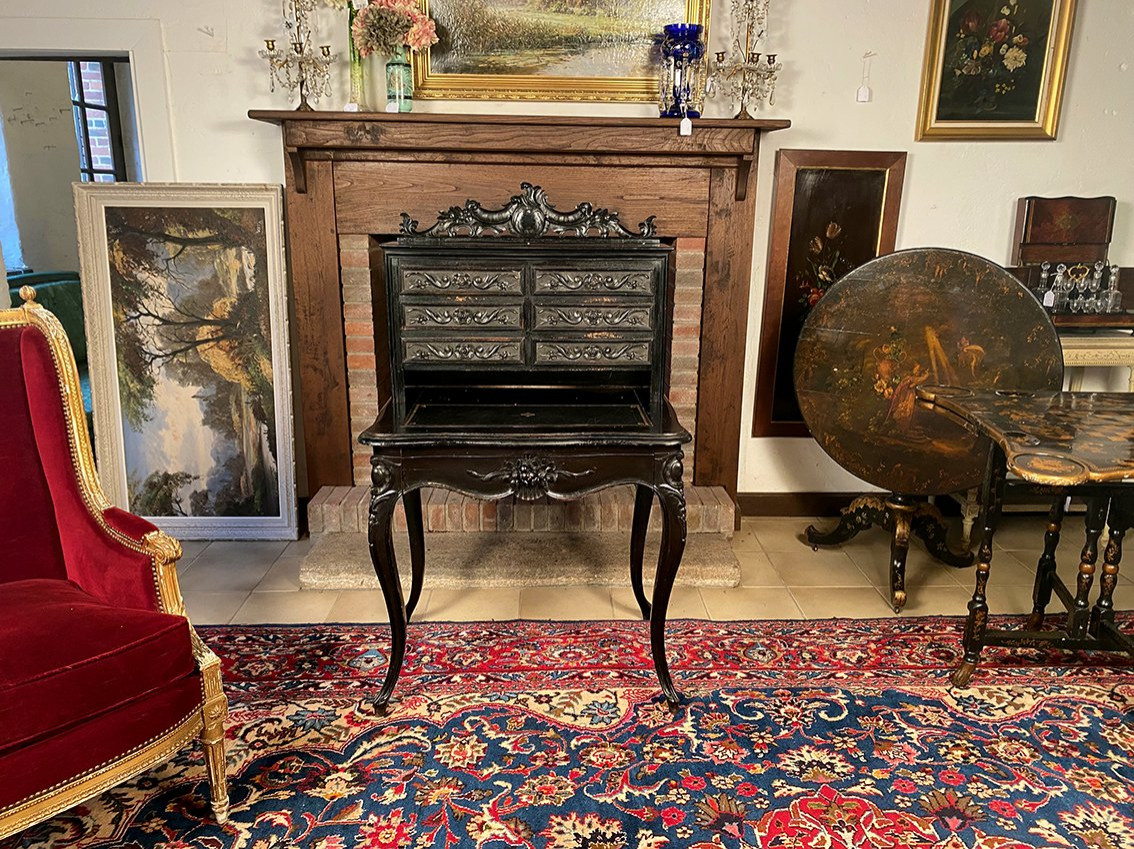 Bureau bonheur du jour Napoléon III en bois sculpté et noirci XIXe-photo-7