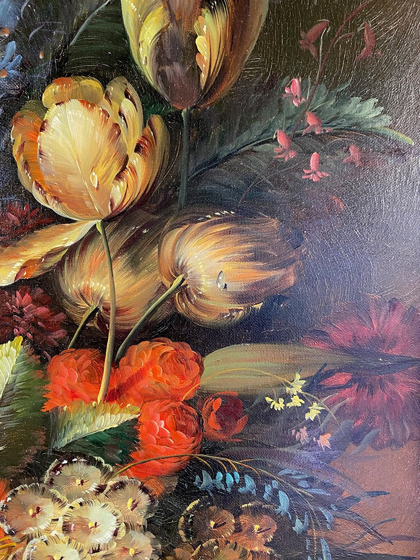 Brooks, grande nature morte aux fleurs. Huile sur toile XXe-photo-1