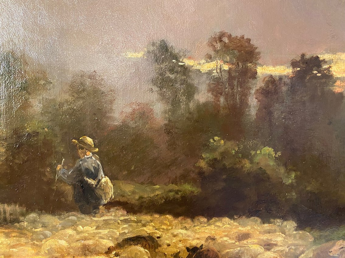 Alexandre Aymar Pezant (1846 – 1916), « La rentrée du troupeau ». Grande huile sur toile.-photo-3