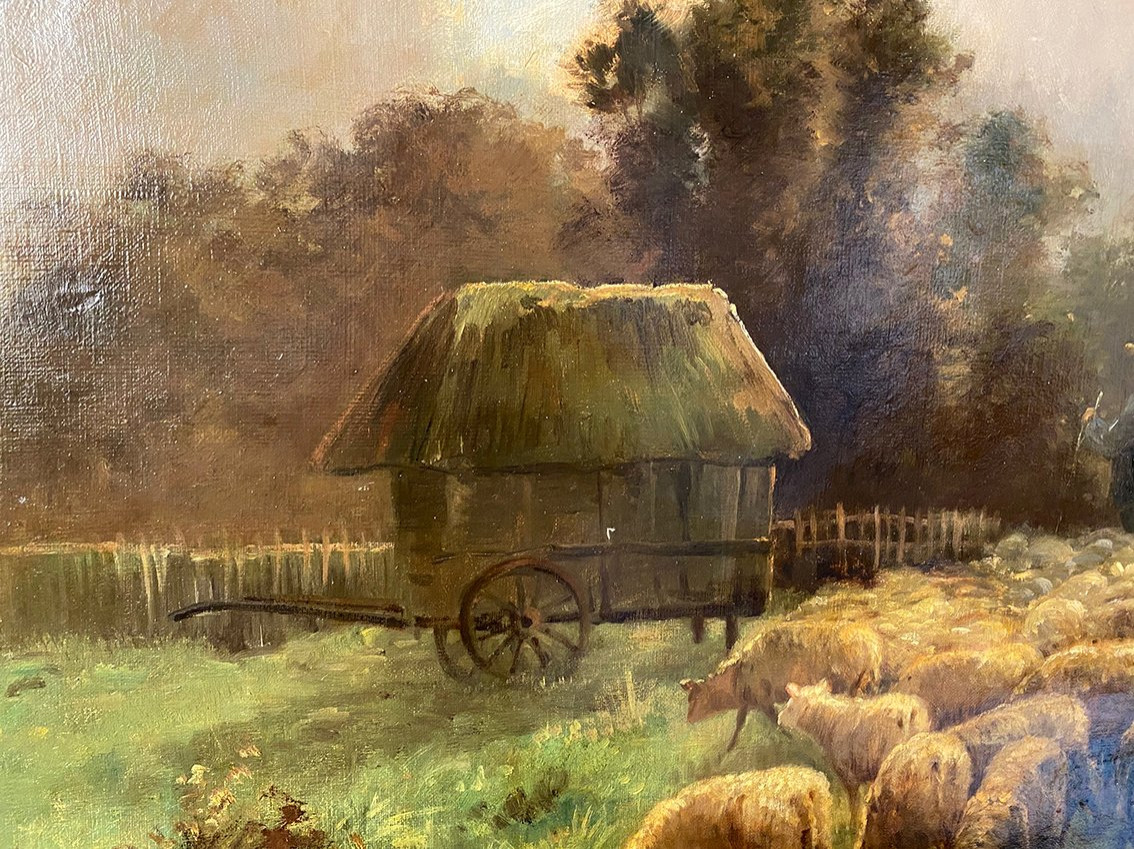 Alexandre Aymar Pezant (1846 – 1916), « La rentrée du troupeau ». Grande huile sur toile.-photo-4