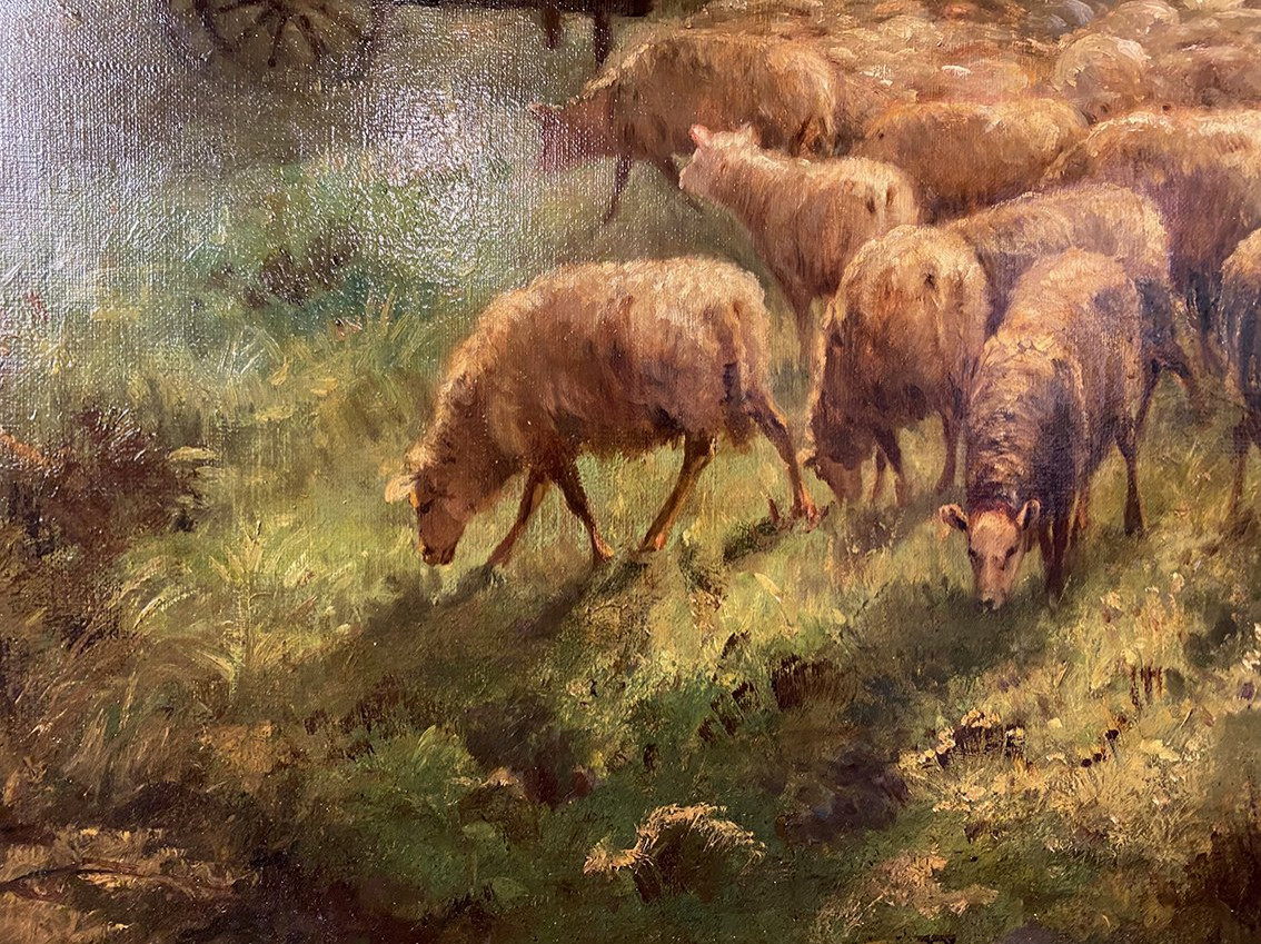 Alexandre Aymar Pezant (1846 – 1916), « La rentrée du troupeau ». Grande huile sur toile.-photo-2