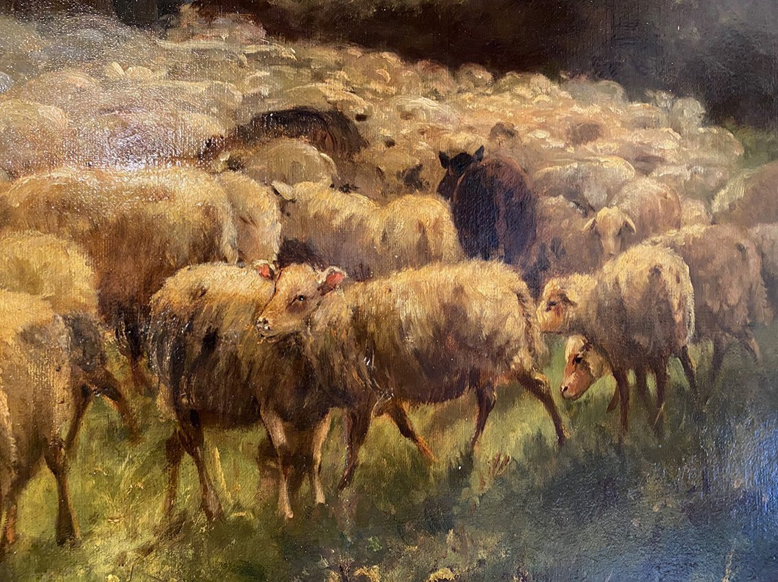 Alexandre Aymar Pezant (1846 – 1916), « La rentrée du troupeau ». Grande huile sur toile.-photo-3
