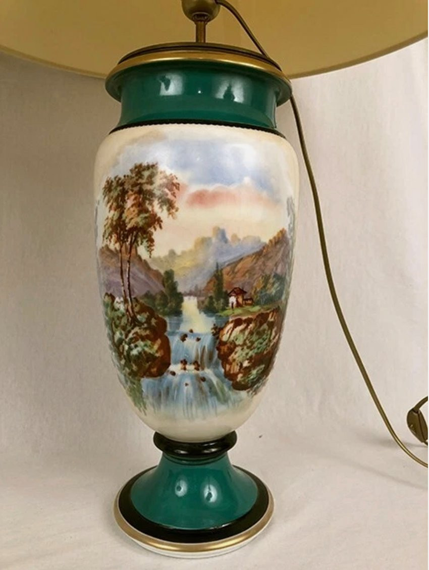 Large Pair Of 19th-century Polychrome Porcelain Vases Decorated With Landscapes, Mounted As Lamps-photo-2