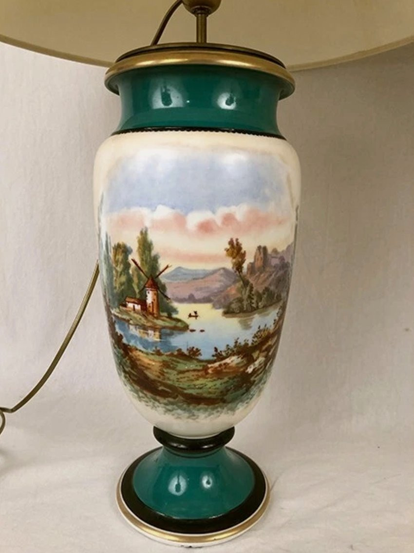 Large Pair Of 19th-century Polychrome Porcelain Vases Decorated With Landscapes, Mounted As Lamps-photo-3