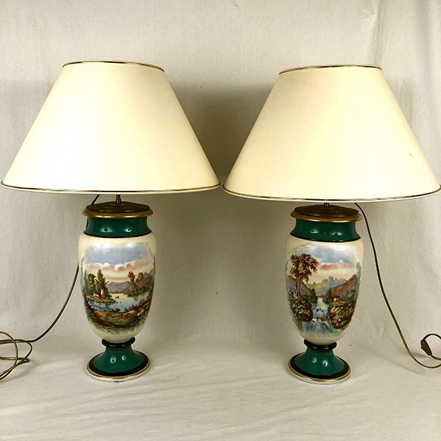 Large Pair Of 19th-century Polychrome Porcelain Vases Decorated With Landscapes, Mounted As Lamps