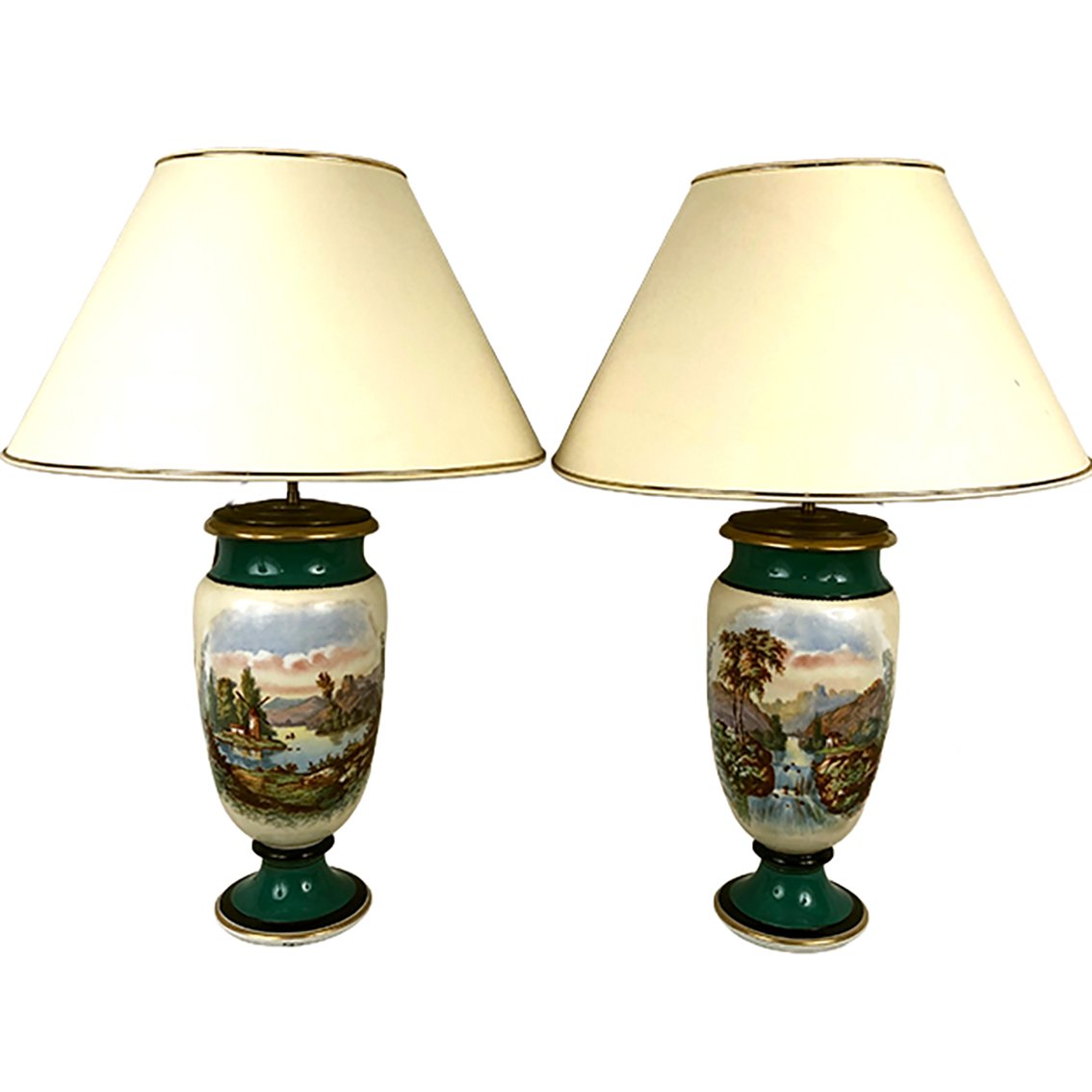 Large Pair Of 19th-century Polychrome Porcelain Vases Decorated With Landscapes, Mounted As Lamps
