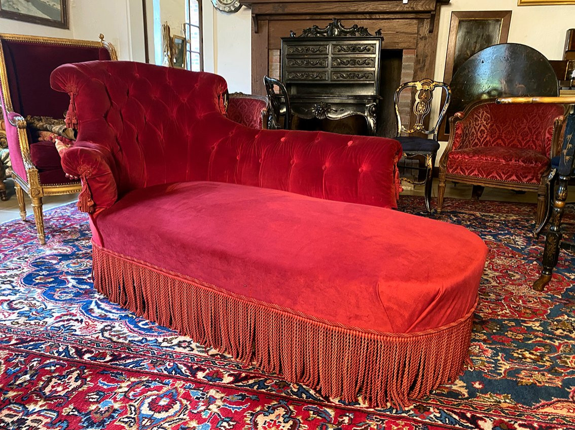Napoleon III Chaise Longue, Purple-red Velvet. Upholstered Backrest, Newly Reupholstered Seat.-photo-2