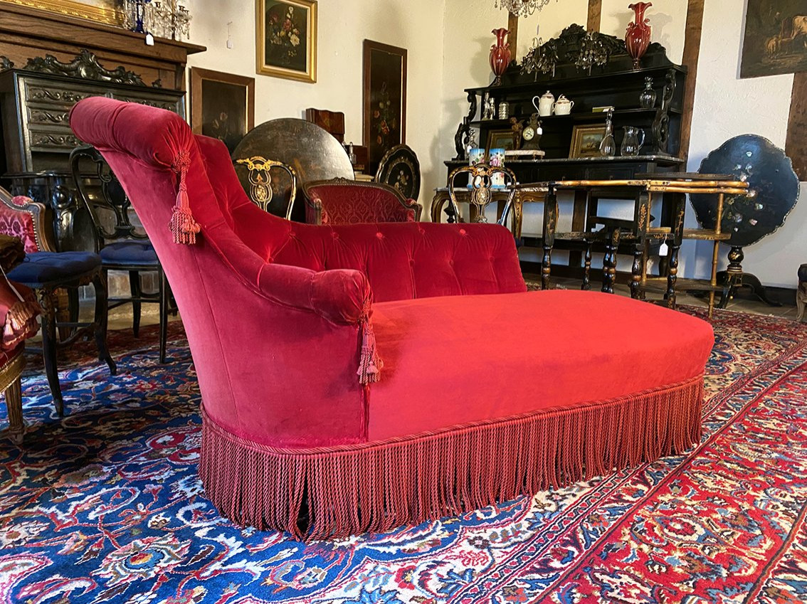 Napoleon III Chaise Longue, Purple-red Velvet. Upholstered Backrest, Newly Reupholstered Seat.-photo-3