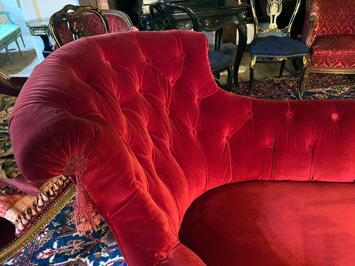 Napoleon III Chaise Longue, Purple-red Velvet. Upholstered Backrest, Newly Reupholstered Seat.-photo-4