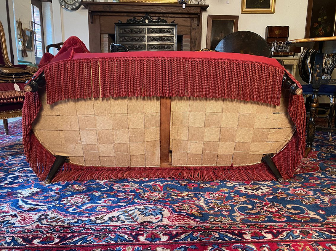 Napoleon III Chaise Longue, Purple-red Velvet. Upholstered Backrest, Newly Reupholstered Seat.-photo-4