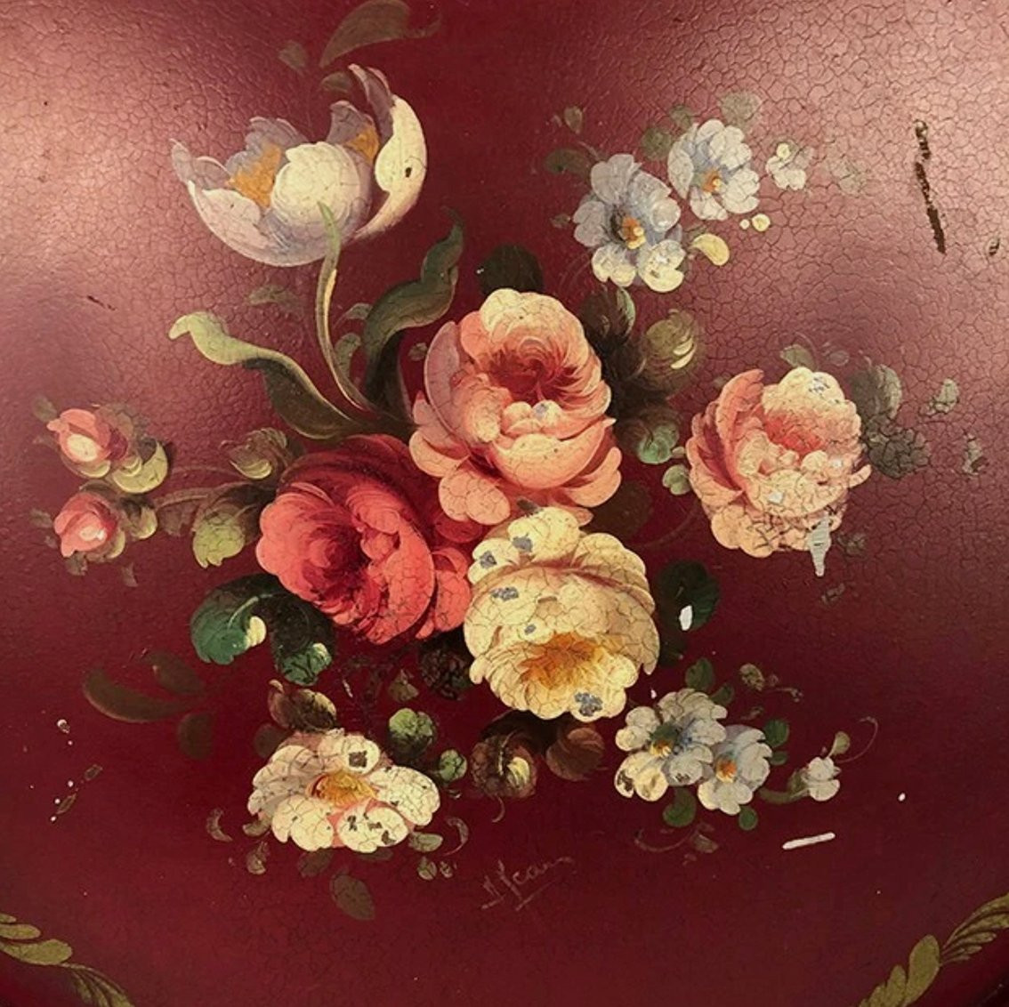 Large Circular Painted Sheet Metal Tray Decorated With Flowers, Signed Napoleon III-photo-2