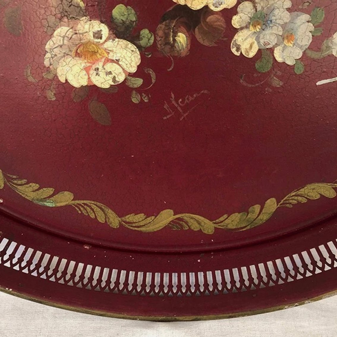 Large Circular Painted Sheet Metal Tray Decorated With Flowers, Signed Napoleon III-photo-3