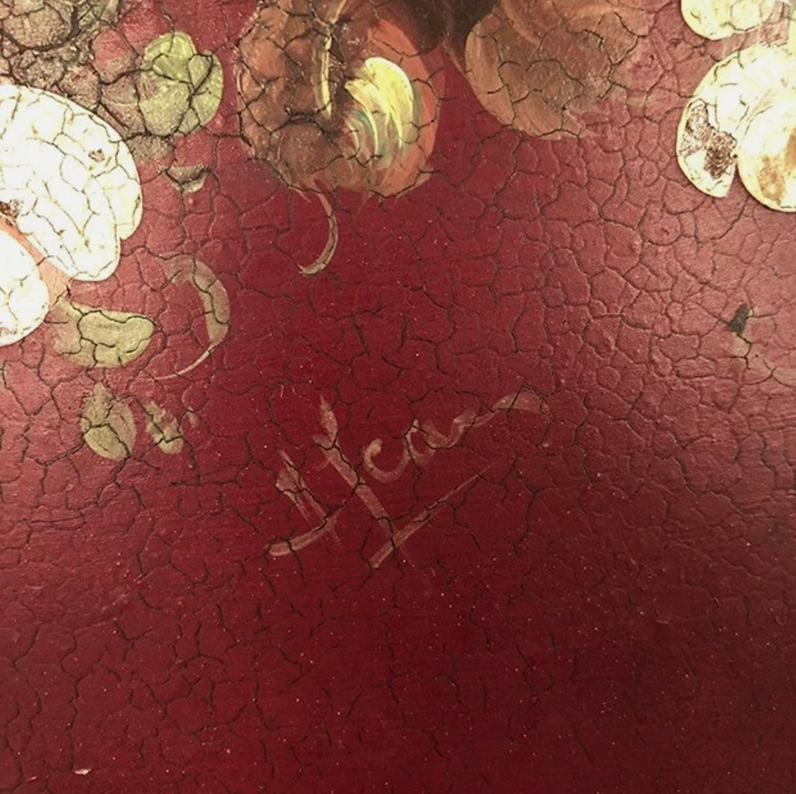 Large Circular Painted Sheet Metal Tray Decorated With Flowers, Signed Napoleon III-photo-1