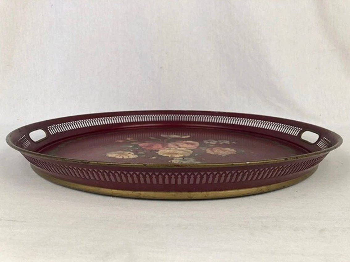 Large Circular Painted Sheet Metal Tray Decorated With Flowers, Signed Napoleon III-photo-3