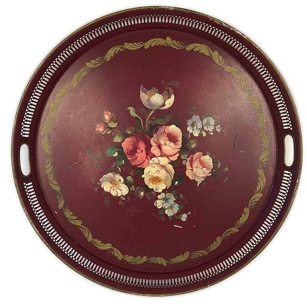 Large Circular Painted Sheet Metal Tray Decorated With Flowers, Signed Napoleon III