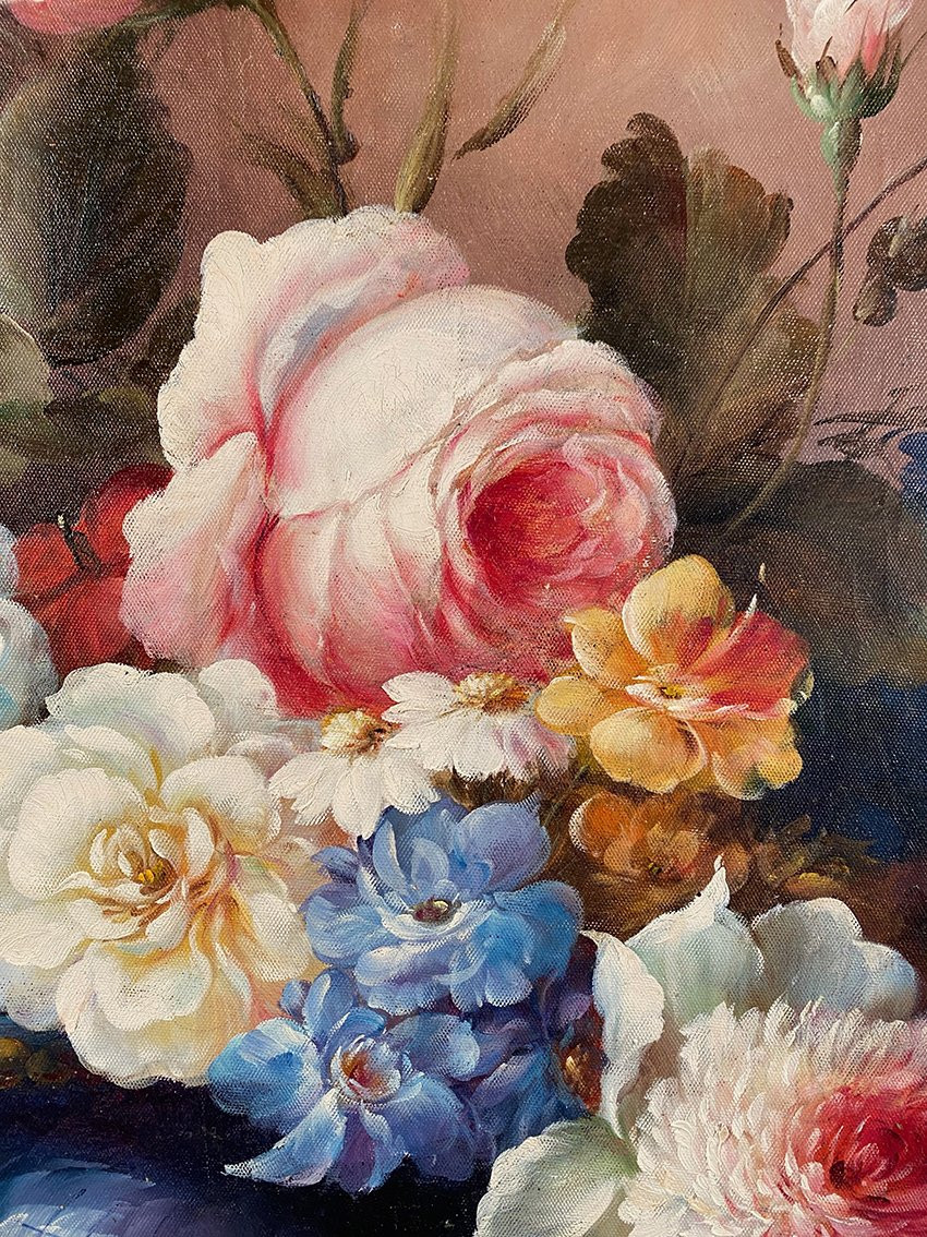 Bouquet de fleurs dans un vase, grande huile sur toile encadrée. XXe-photo-4