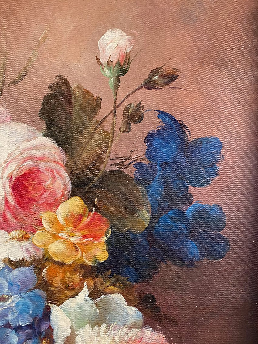 Bouquet de fleurs dans un vase, grande huile sur toile encadrée. XXe-photo-1