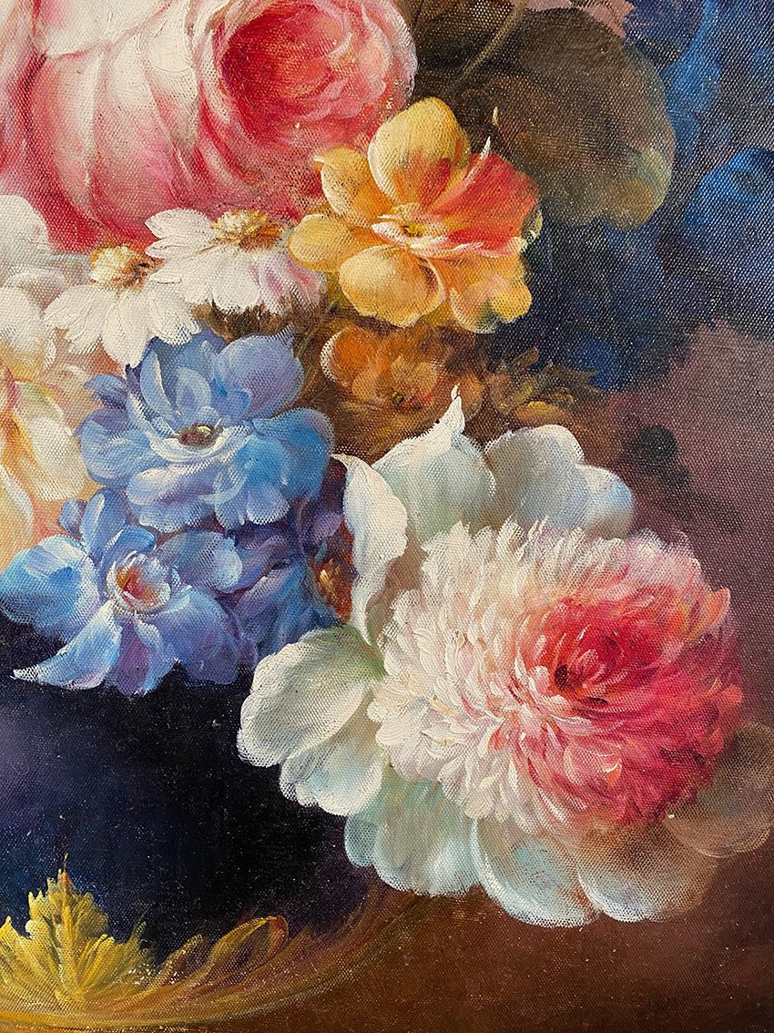 Bouquet de fleurs dans un vase, grande huile sur toile encadrée. XXe-photo-2