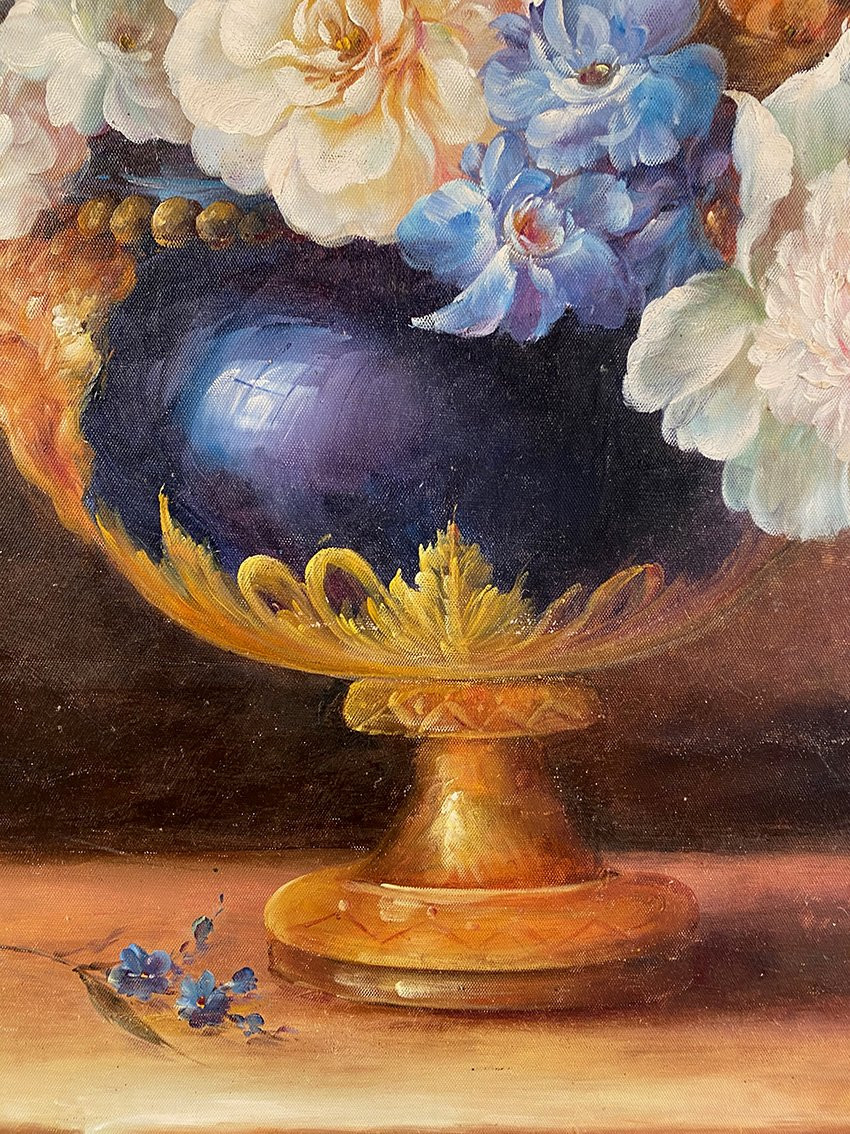 Bouquet de fleurs dans un vase, grande huile sur toile encadrée. XXe-photo-3