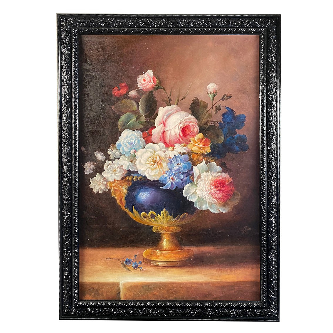 Bouquet de fleurs dans un vase, grande huile sur toile encadrée. XXe