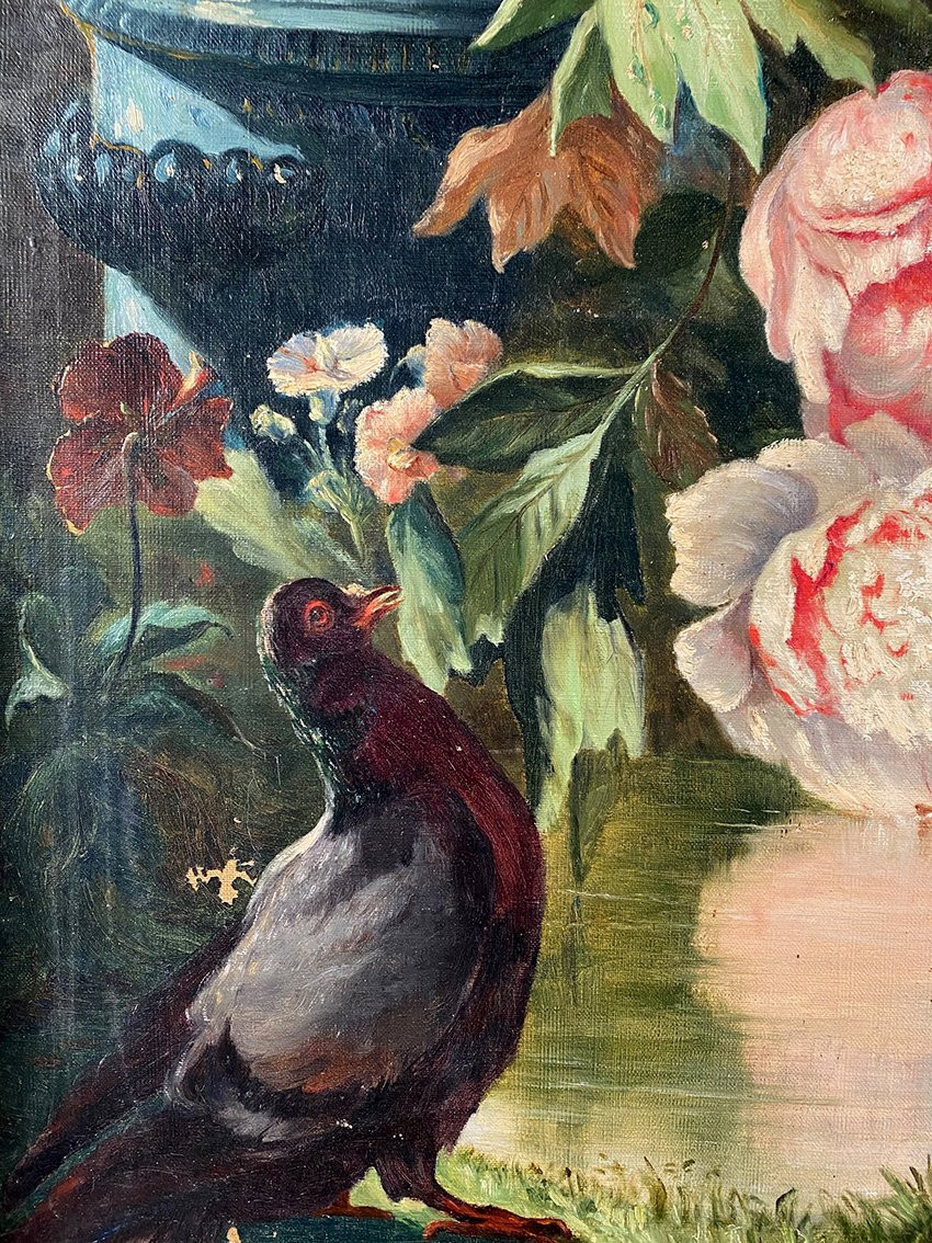 « Oiseaux s’abreuvant au bassin d’un jardin », école française vers 1900-photo-2