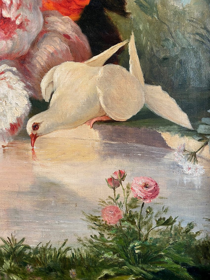 « Oiseaux s’abreuvant au bassin d’un jardin », école française vers 1900-photo-3