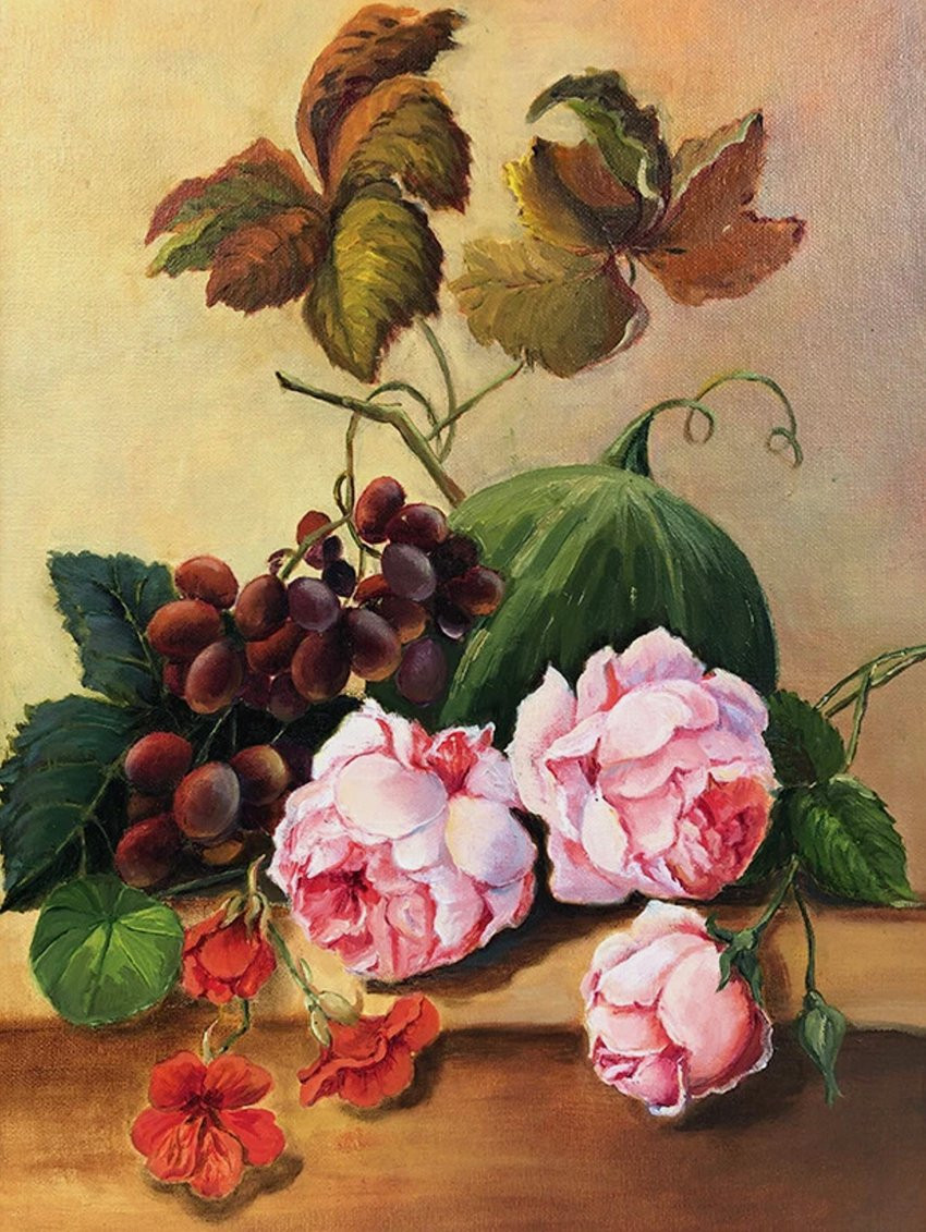 Fleurs et fruits, huile sur carton entoilé XXe-photo-2