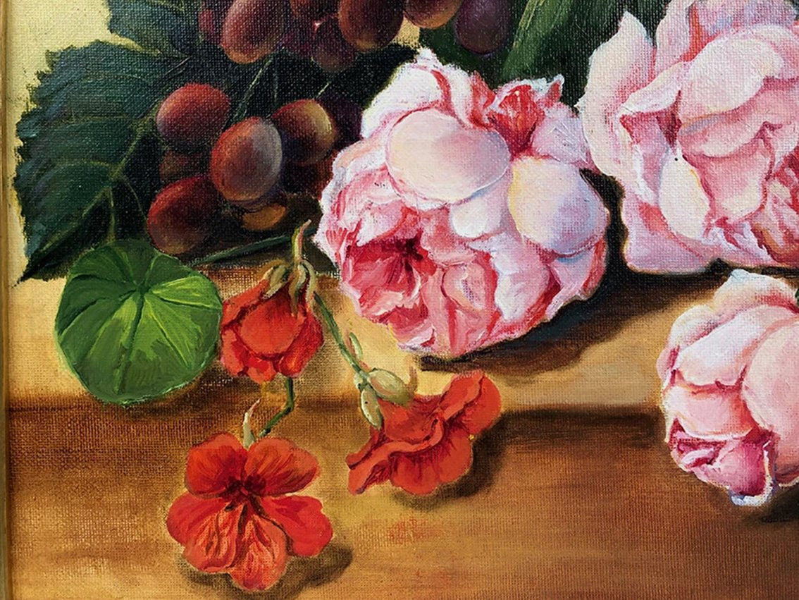 Fleurs et fruits, huile sur carton entoilé XXe-photo-3