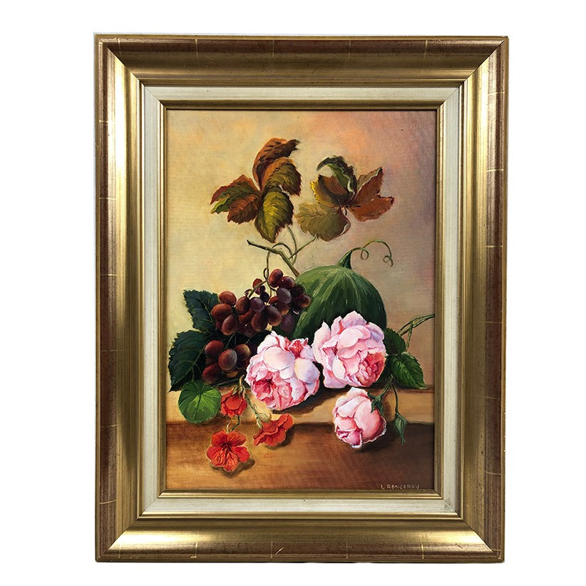 Fleurs et fruits, huile sur carton entoilé XXe