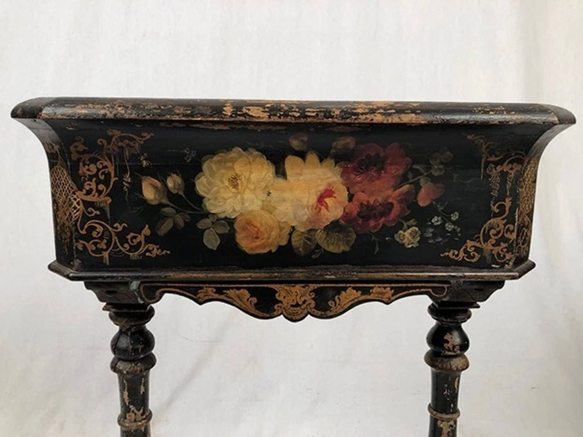 Planter In Blackened Wood With Painted Flowers, Napoleon III Period-photo-2