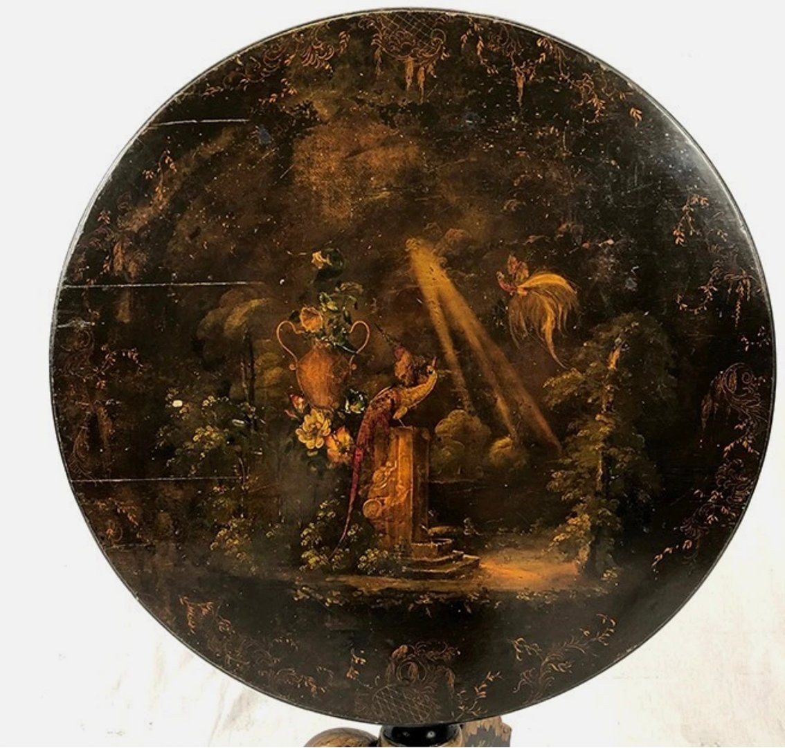Very Large Napoleon III Tilting Pedestal Table In Black Lacquered Wood With Bird-of-paradise Décor-photo-2