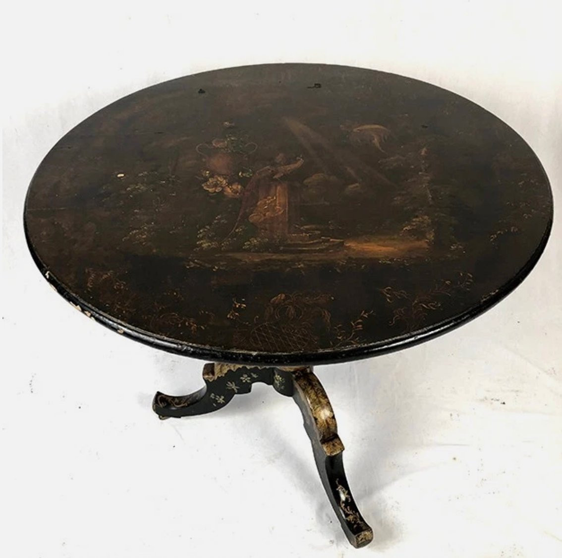 Very Large Napoleon III Tilting Pedestal Table In Black Lacquered Wood With Bird-of-paradise Décor-photo-2