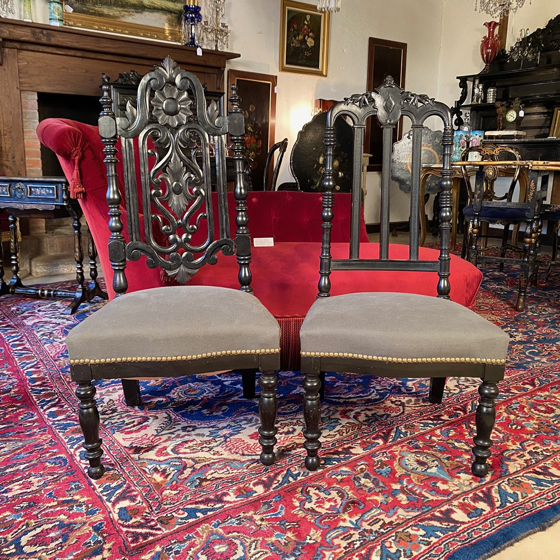 Faux Napoleon III Low Chairs In Blackened Wood-photo-2