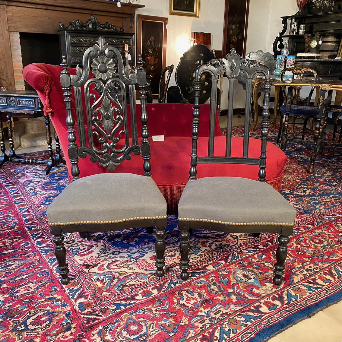 Faux Napoleon III Low Chairs In Blackened Wood