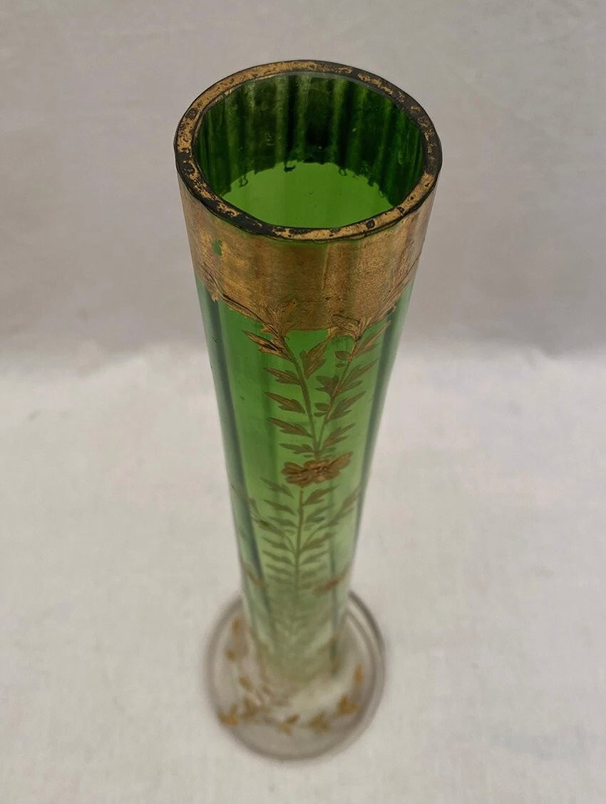 Soliflore Vase In Green And Transparent Gradient Glass, With Enameled Flower Design. Circa 1900-photo-2
