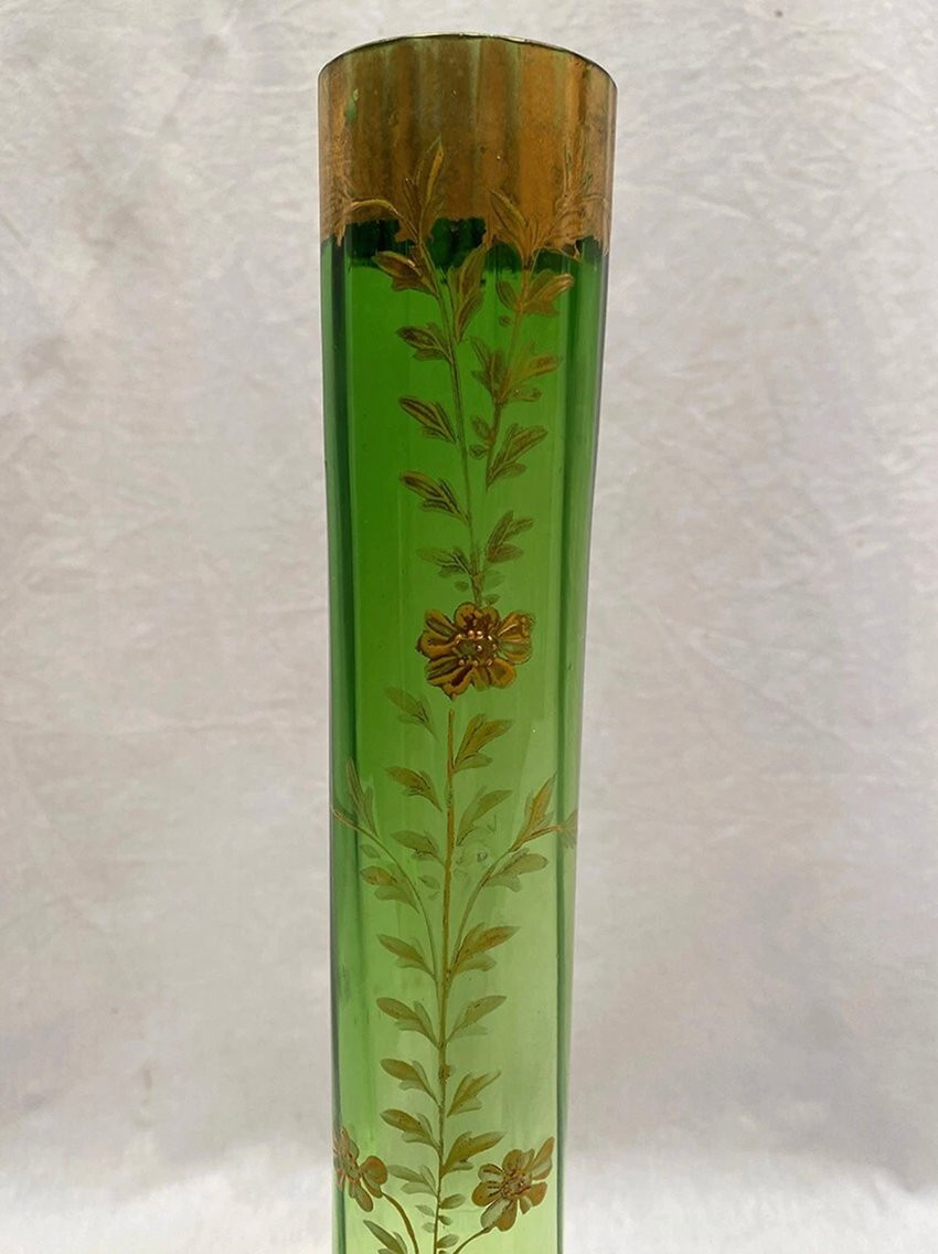 Soliflore Vase In Green And Transparent Gradient Glass, With Enameled Flower Design. Circa 1900-photo-4