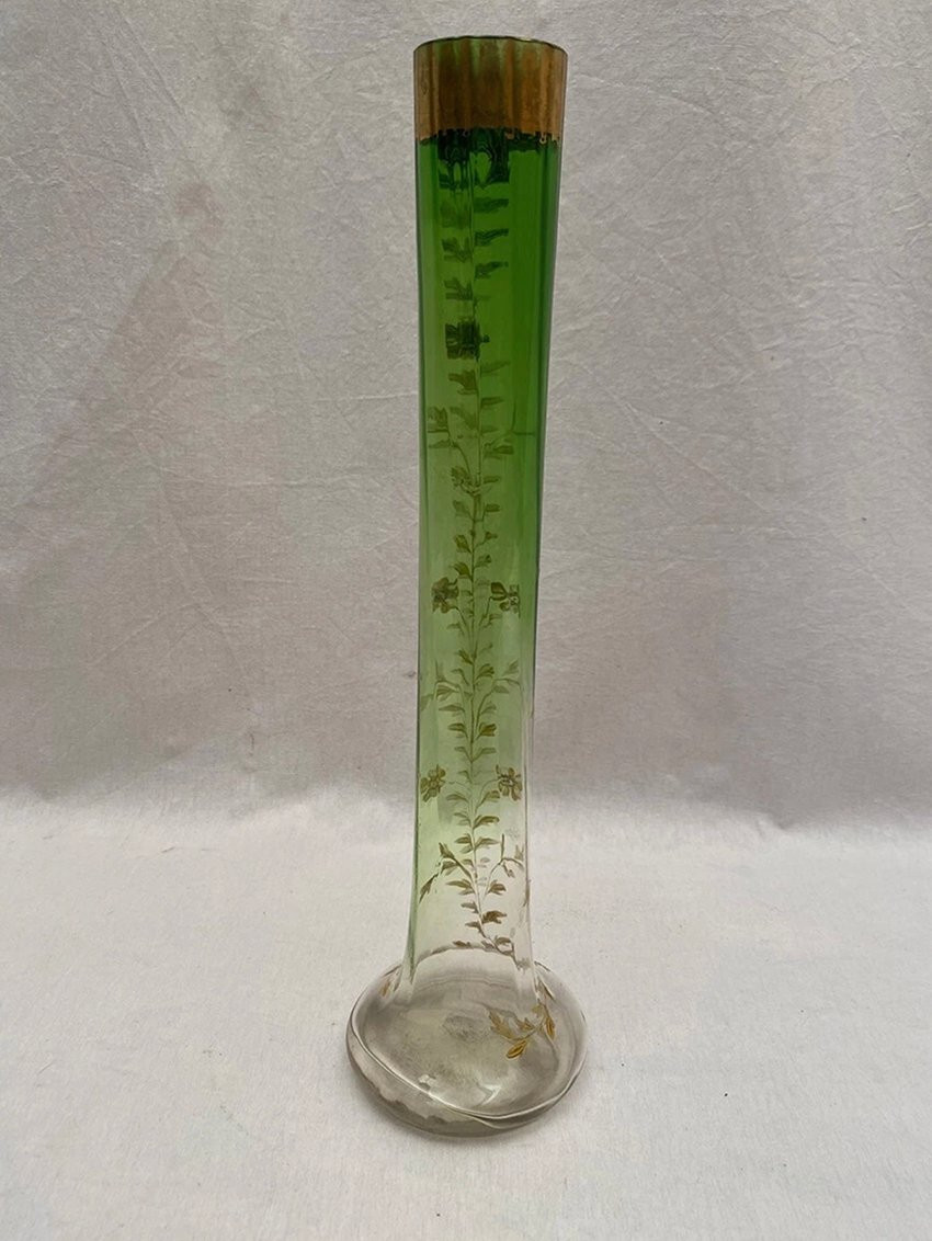 Soliflore Vase In Green And Transparent Gradient Glass, With Enameled Flower Design. Circa 1900-photo-1
