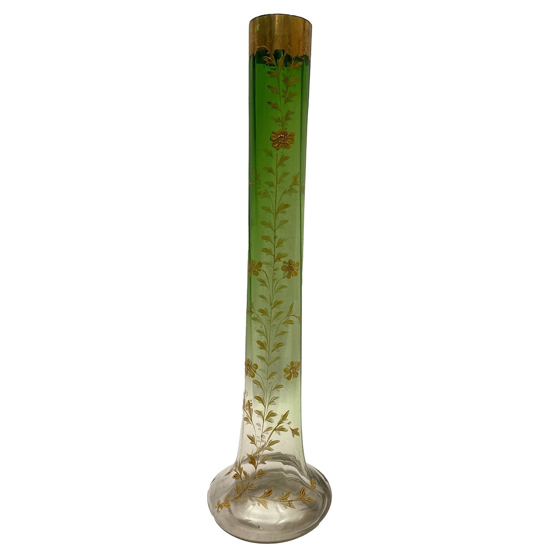 Soliflore Vase In Green And Transparent Gradient Glass, With Enameled Flower Design. Circa 1900