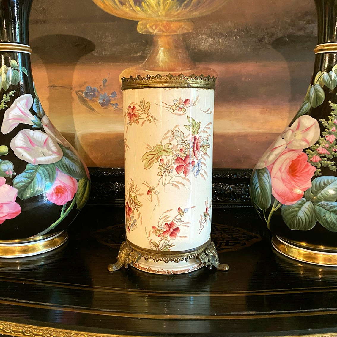 Porcelain Vase Decorated With Flowers And Circled With Openwork Brass, 19th Century